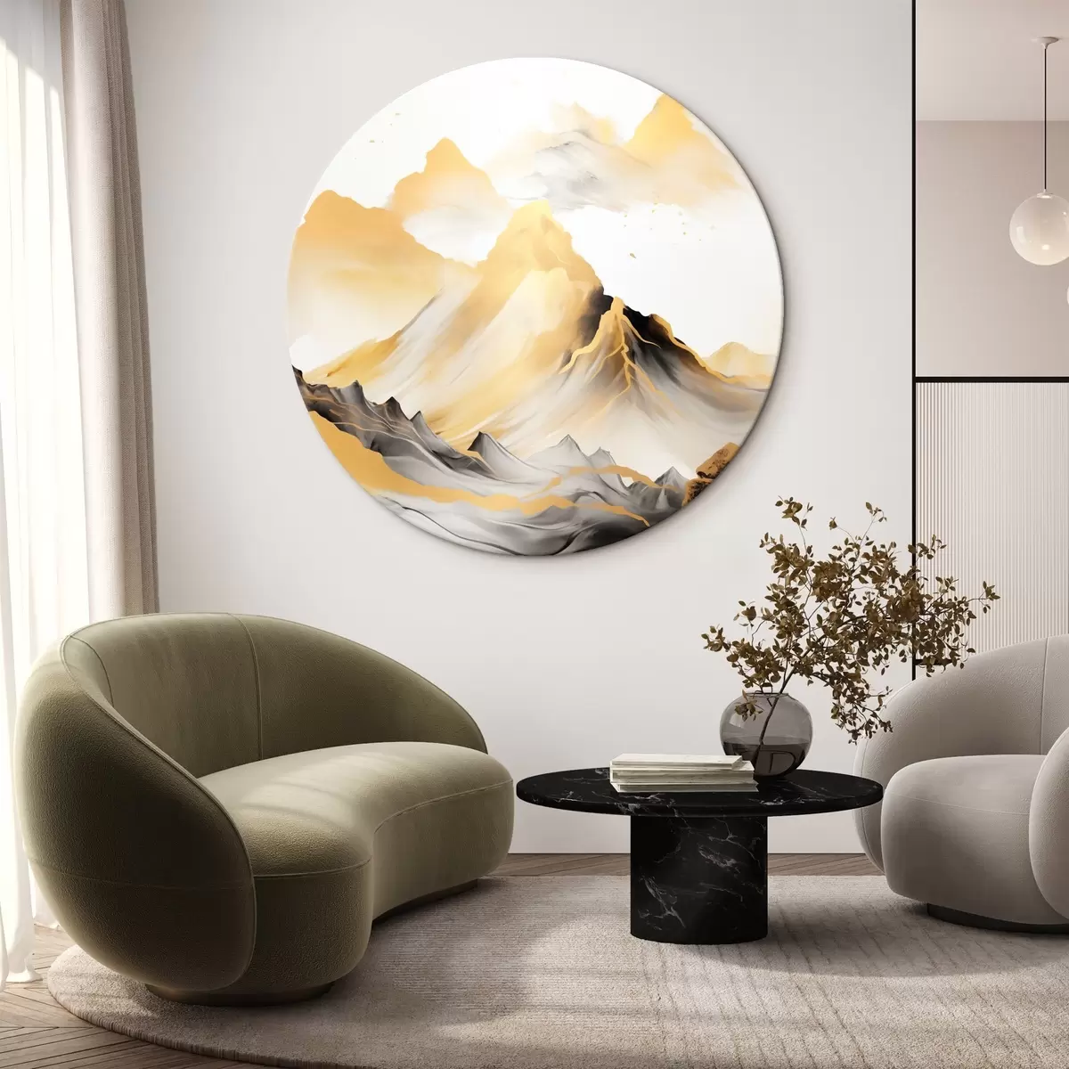 Kerek festmények Texturált sárga és fekete hegyek havas csúcsokkal, tusfestés stílusban, minimalista hegylánc r46684