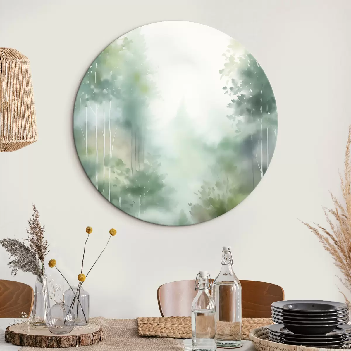 Kerek festmények Akvarellfestmény, amely magas fákkal és zöld lombokkal borított absztrakt erdőt ábrázol, lágy, tompított színekkel. r46689