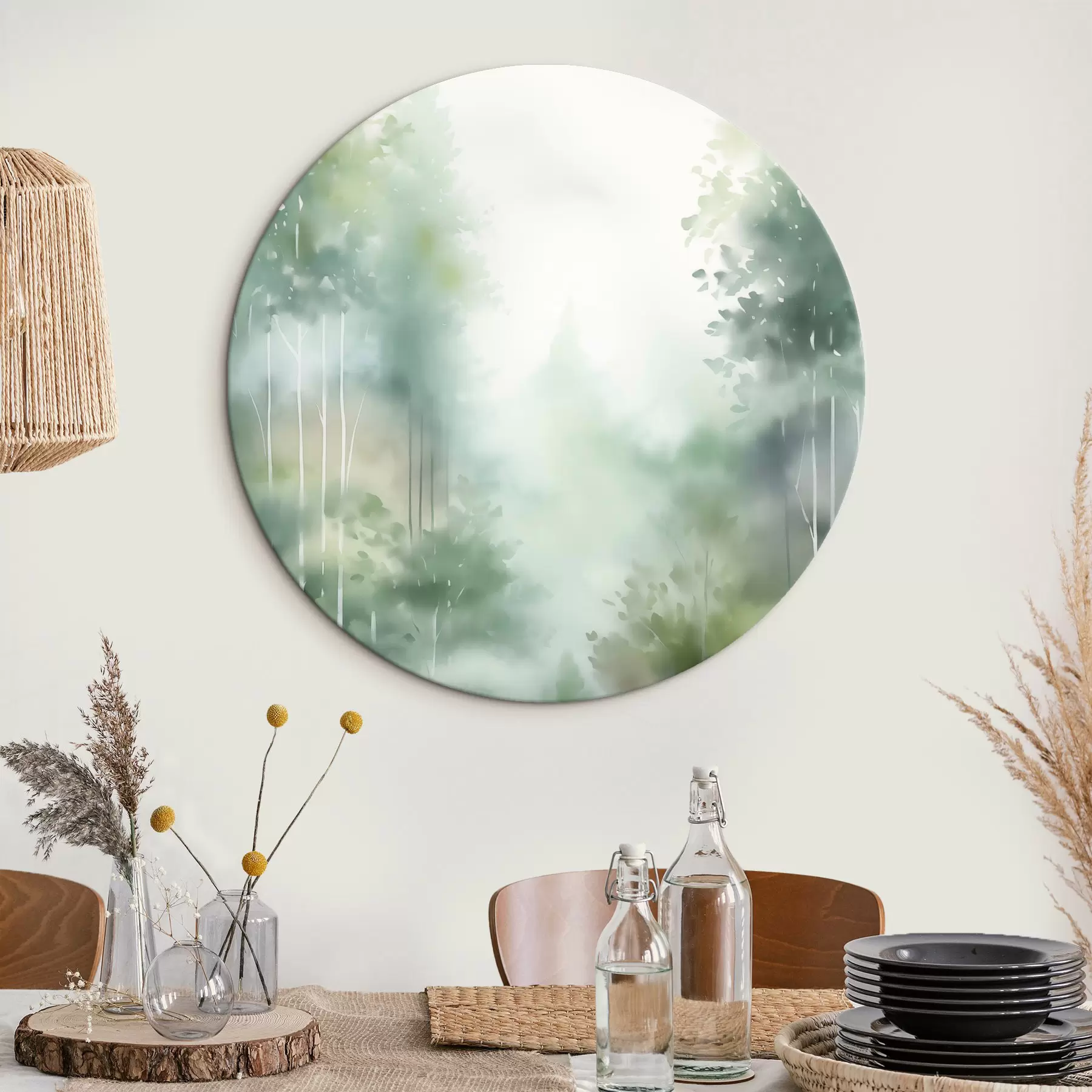 fotótapéta Akvarellfestmény, amely magas fákkal és zöld lombokkal borított absztrakt erdőt ábrázol, lágy, tompított színekkel r46689