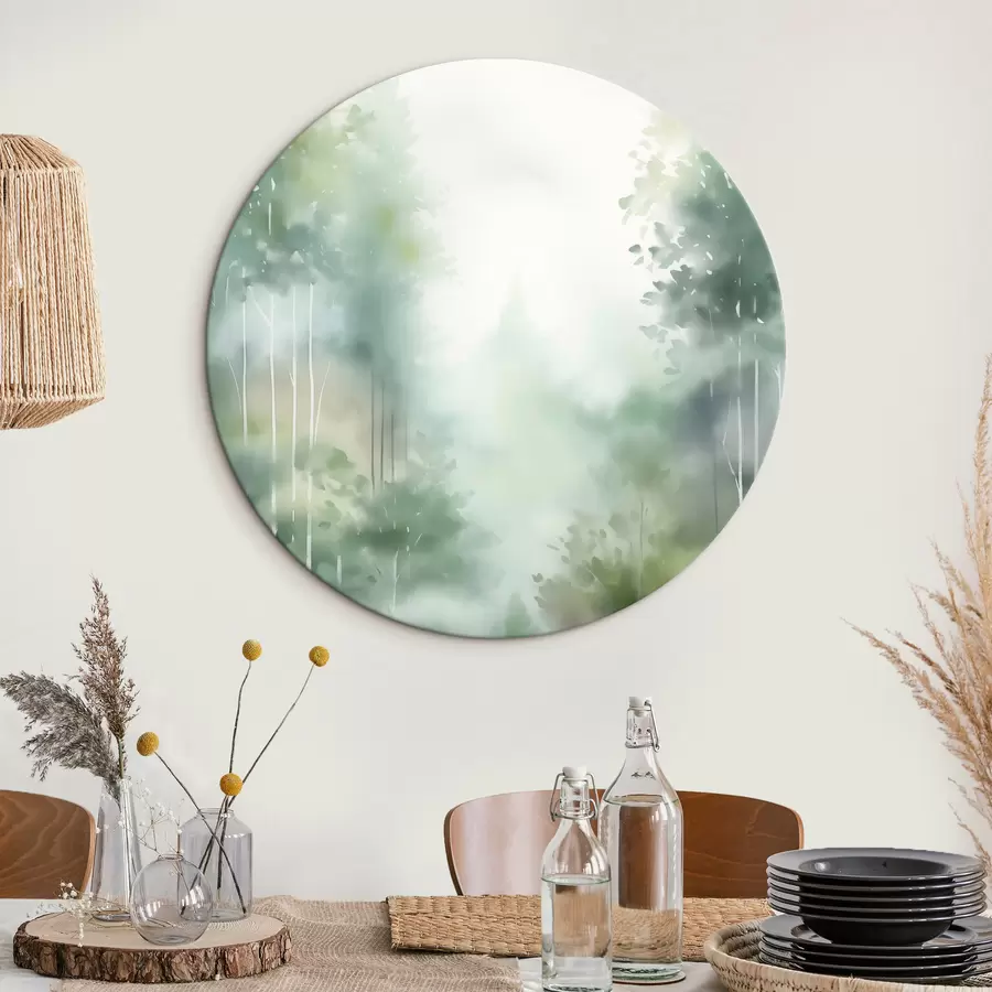 fotótapéta Akvarellfestmény, amely magas fákkal és zöld lombokkal borított absztrakt erdőt ábrázol, lágy, tompított színekkel. r46689