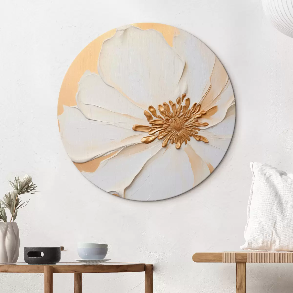 Kerek festmények Fehér virág finom szirmokkal, vastag ecsetvonásokkal imitálva, világos narancssárga texturált háttérrel r46691