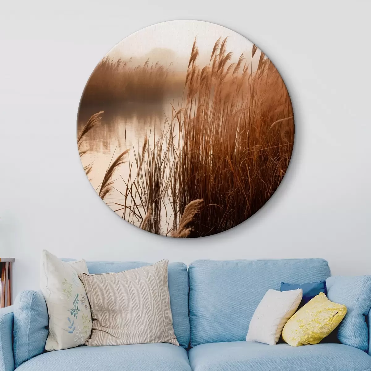 Kerek festmények Magas nádasok nőnek egy víztestben, a víz tükrözi a nádasokat, ködös háttér, lágy fény, természeti táj r46695