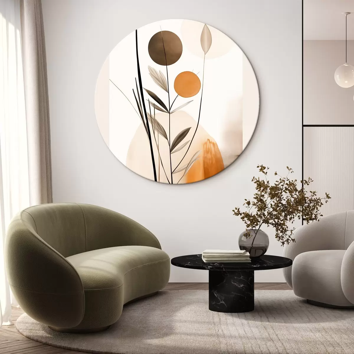 Kerek festmények Absztrakt festmény utánzat narancssárga és szürke körökkel, levelekkel és ágakkal, modern stílusban, akvarellhatással r46698