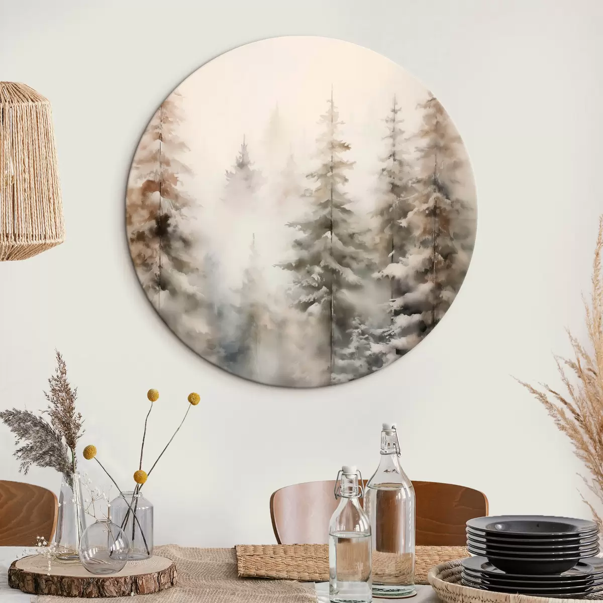 Kerek festmények Hóval borított magas fenyőfák, ködös erdőben állva, lágy, tompa téli táj r46701