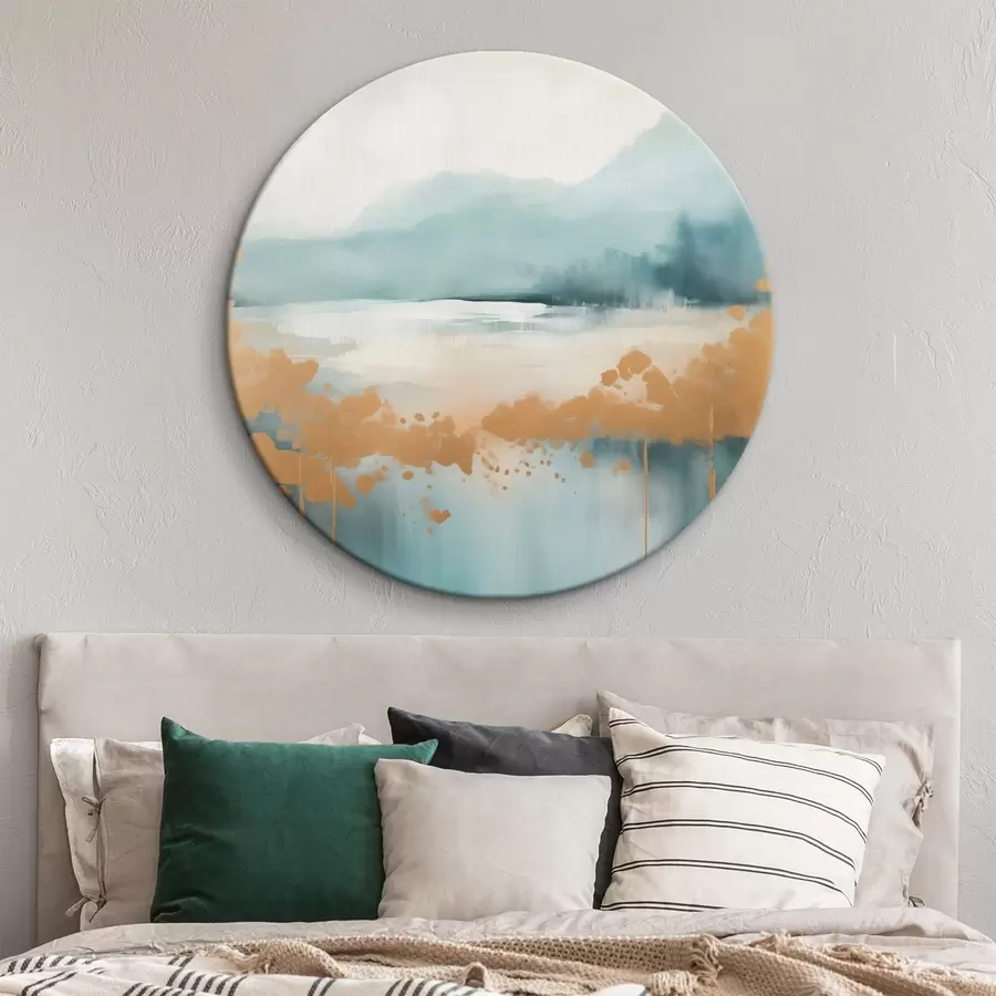 fotótapéta Absztrakt táj hegyekkel és tóval, türkizkék és texturált sárga színekkel, lágy ecsetvonásokkal, minimalista műalkotás r46703