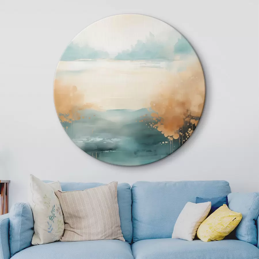 fotótapéta Absztrakt táj hegyekkel és tóval, türkizkék és texturált sárga színekkel, lágy ecsetvonásokkal, minimalista műalkotás r46704