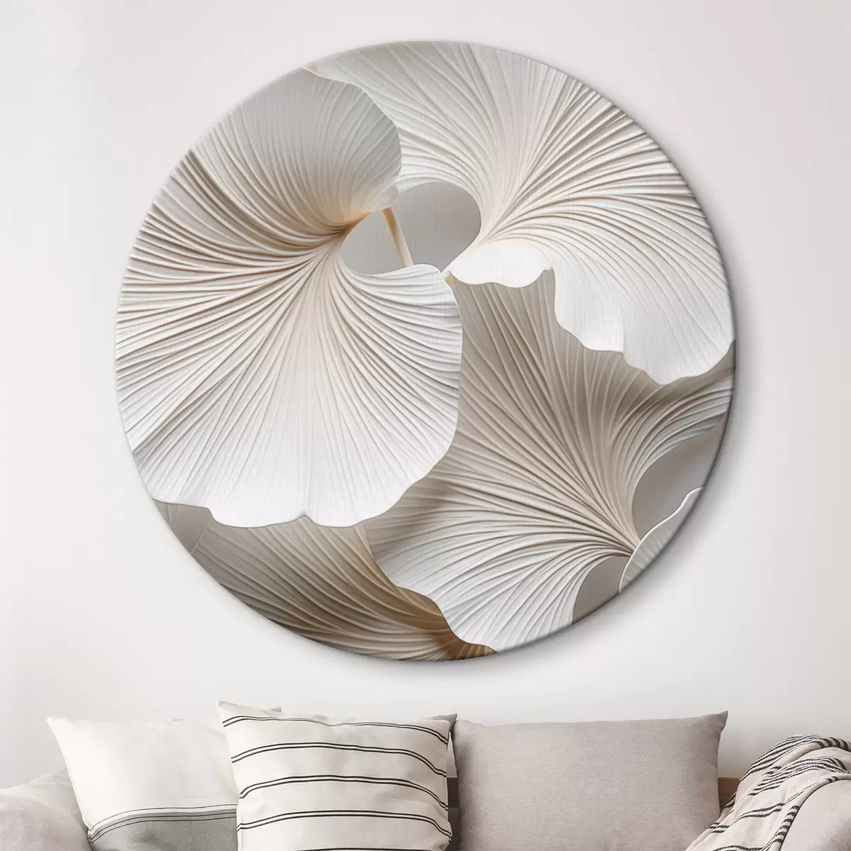 Kerek festmények Fehér ginkgo biloba levelek részletes erekkel, lágy megvilágítással, texturált, elegáns és minimalista kialakítással. r46705