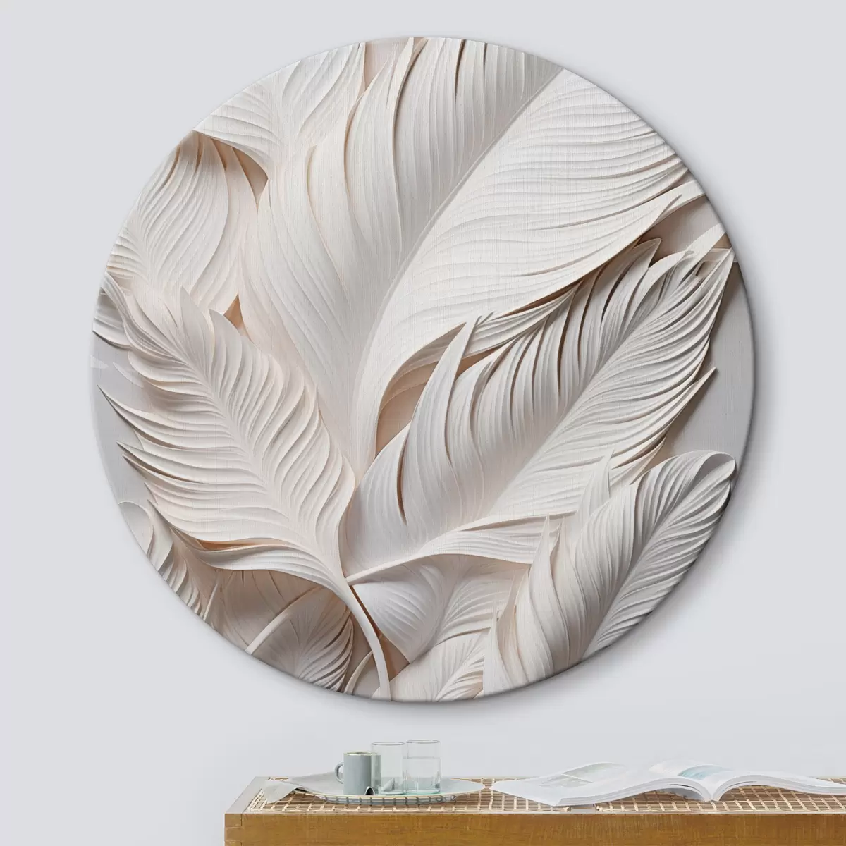 Kerek festmények Fehér levelek bonyolult részletekkel, texturált és réteges hatást keltve, minimalista művészet r46706