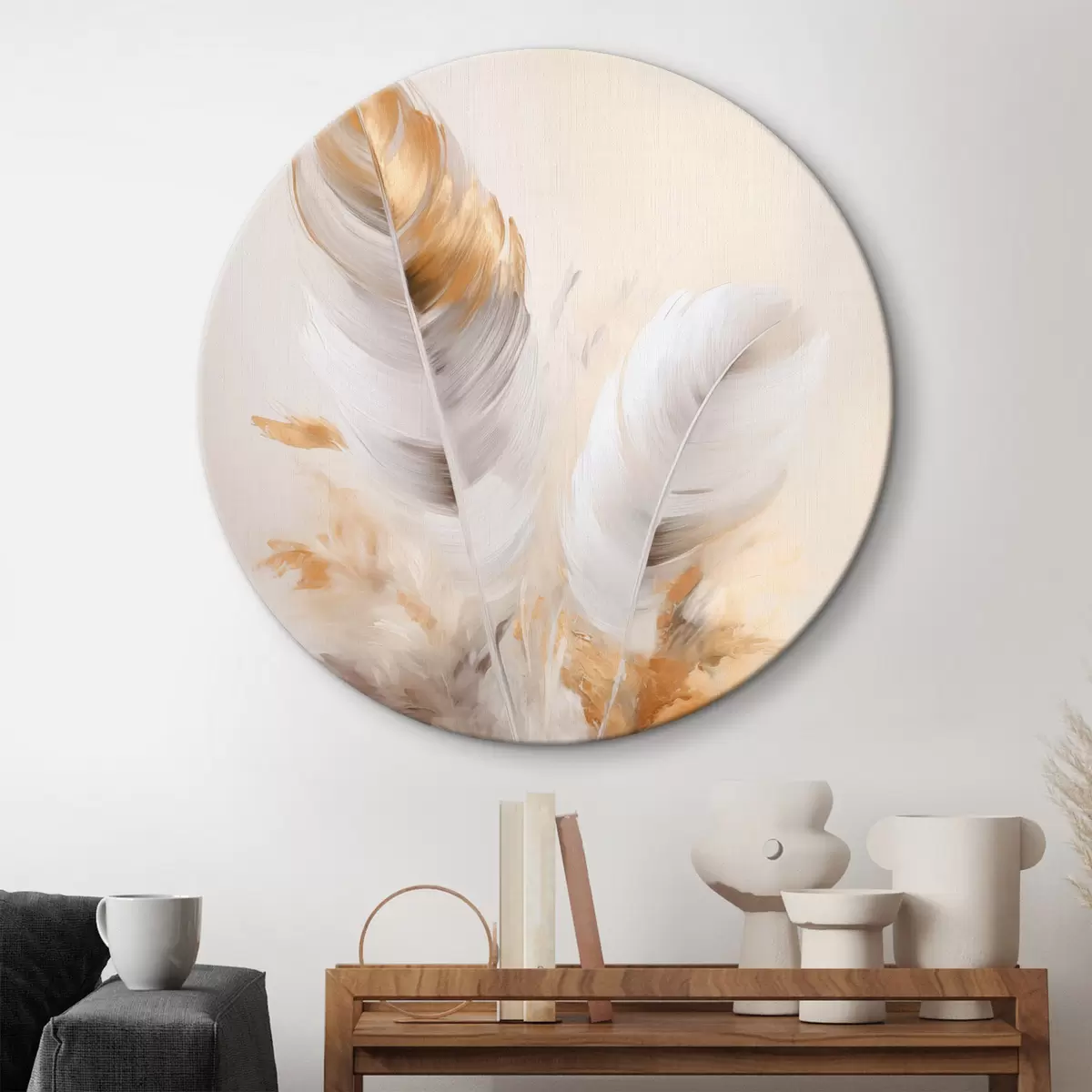 Kerek festmények Absztrakt tollak, bézs és barna tollakkal körülvéve, puha és finom, világos bézs háttérrel r46711