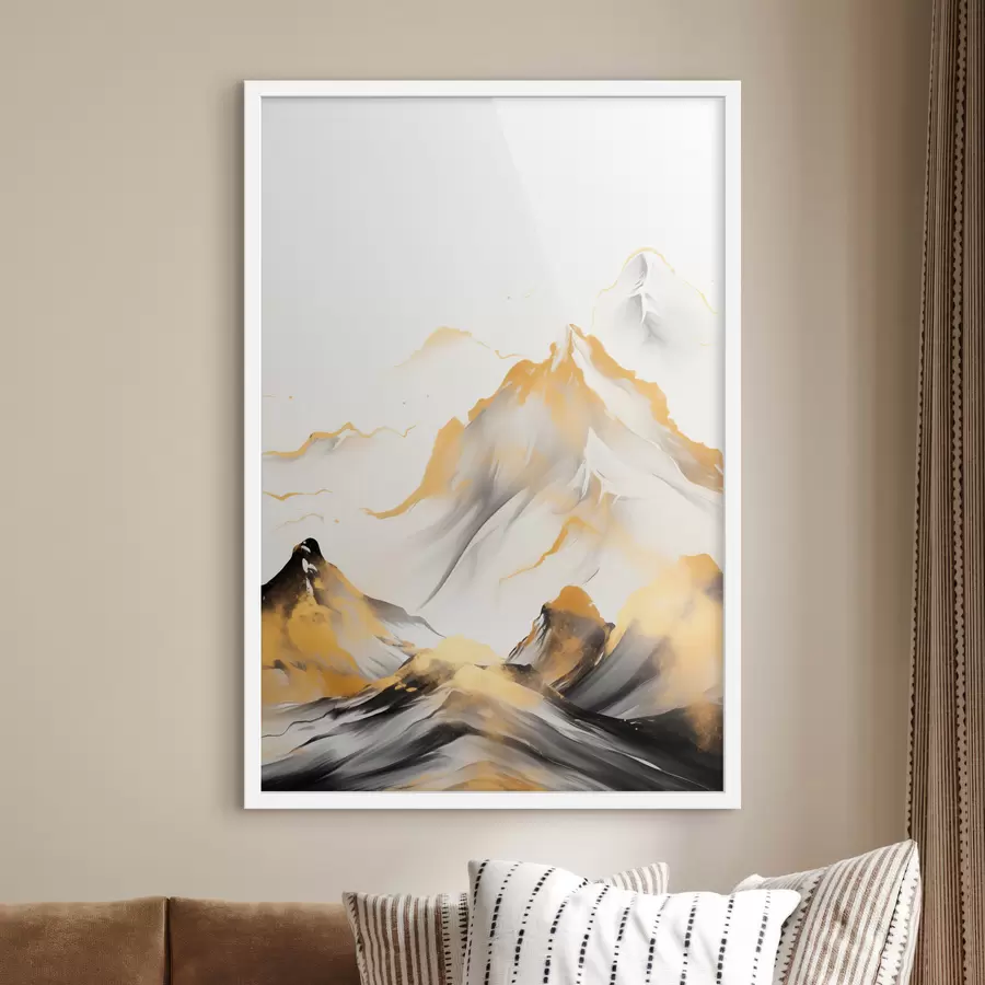 fotószőnyeg Texturált sárga és fekete hegyek havas csúcsokkal, tusfestés stílusban, minimalista hegylánc f46683