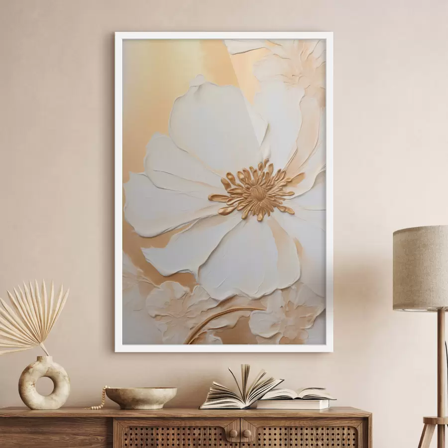 fotószőnyeg Fehér virág finom szirmokkal, vastag ecsetvonásokkal imitálva, világos narancssárga texturált háttérrel f46691