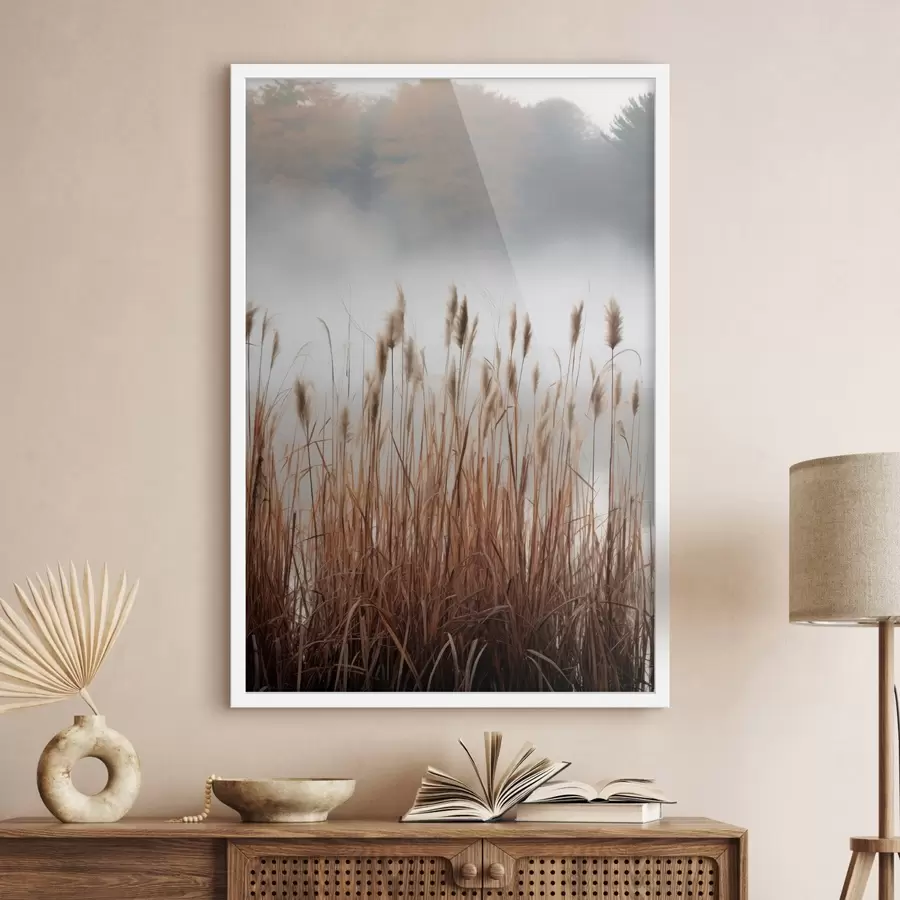fotószőnyeg Magas nádasok nőnek egy víztestben, a víz tükrözi a nádasokat, ködös háttér, lágy fény, természeti táj f46696