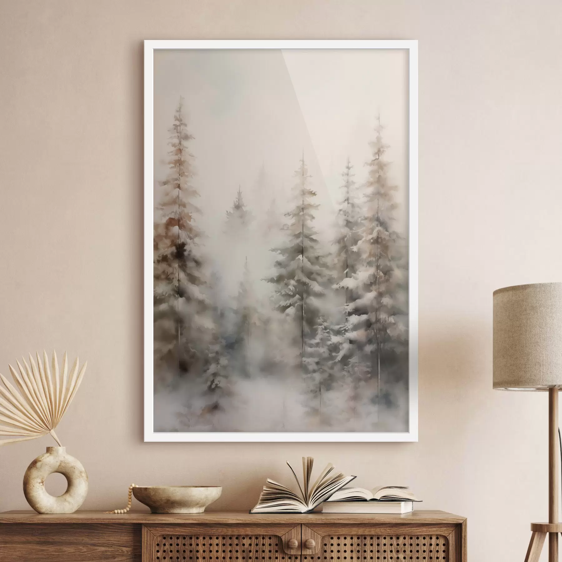 fotószőnyeg Hóval borított magas fenyőfák, ködös erdőben állva, lágy, tompa téli táj f46701