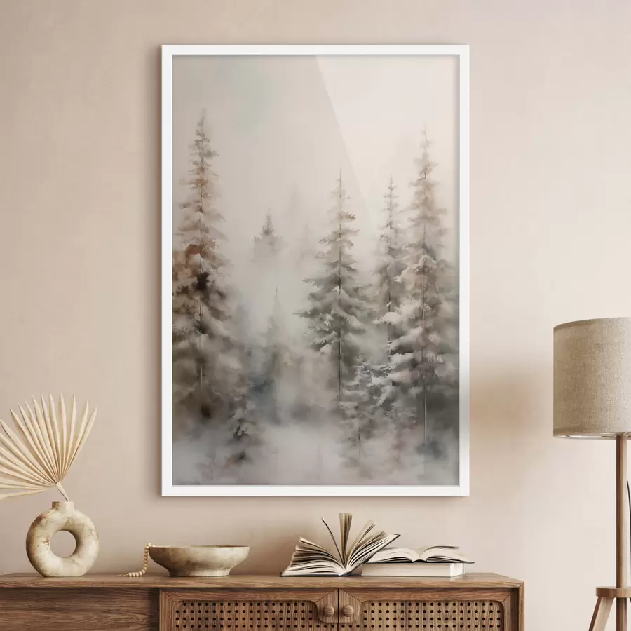 fotószőnyeg Hóval borított magas fenyőfák, ködös erdőben állva, lágy, tompa téli táj f46701