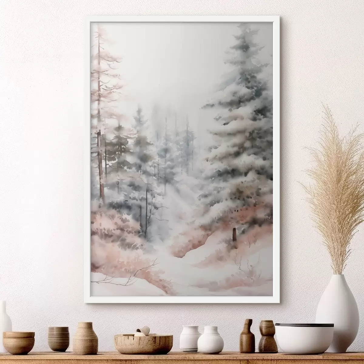 Plakát a sziklán Hóval borított magas fenyőfák, ködös erdőben állva, lágy, tompa téli táj f46702