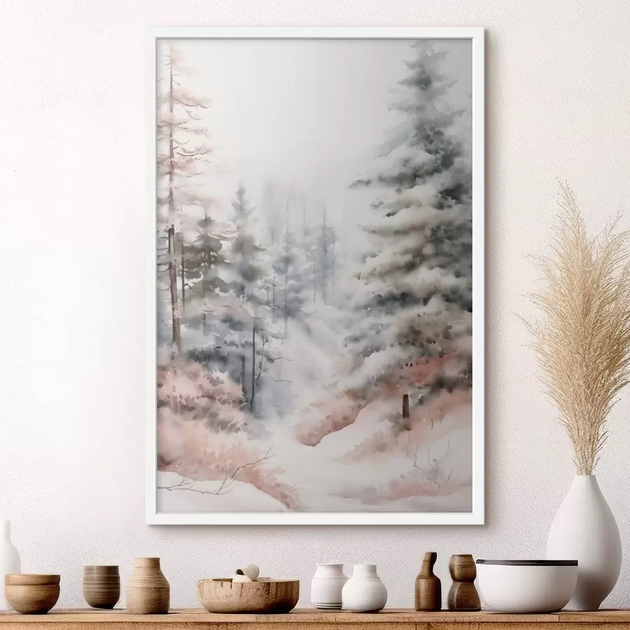 fotószőnyeg Hóval borított magas fenyőfák, ködös erdőben állva, lágy, tompa téli táj f46702