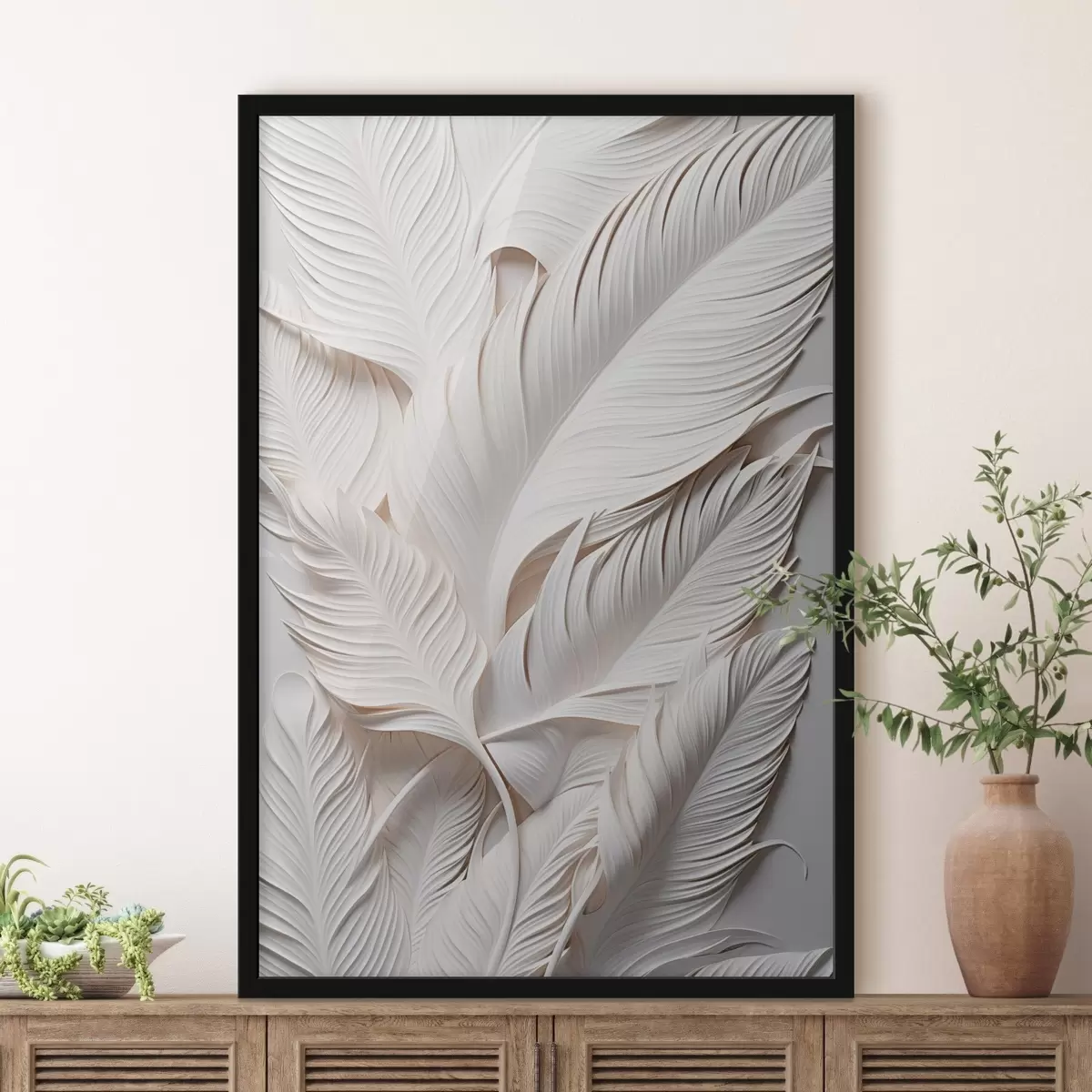 Plakát a sziklán Fehér levelek bonyolult részletekkel, texturált és réteges hatást keltve, minimalista művészet f46706