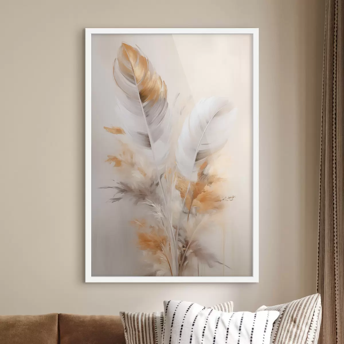 Plakát a sziklán Absztrakt tollak, bézs és barna tollakkal körülvéve, puha és finom, világos bézs háttérrel f46711