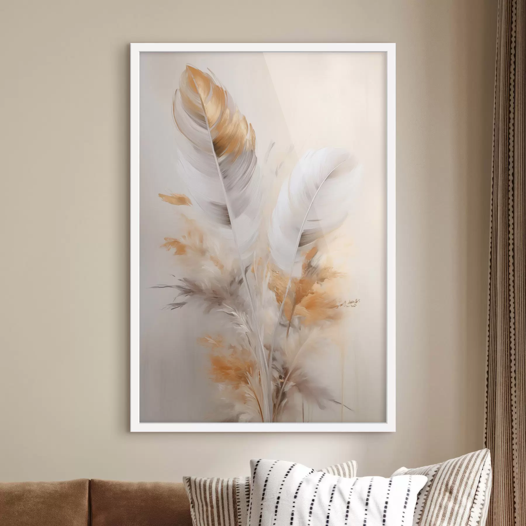 fotószőnyeg Absztrakt tollak, bézs és barna tollakkal körülvéve, puha és finom, világos bézs háttérrel f46711