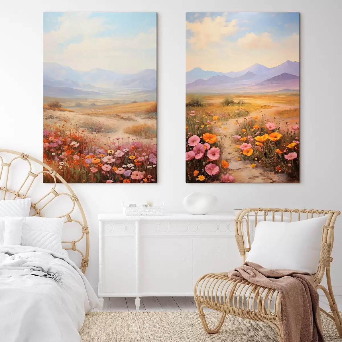 fotótapéta Tájkép, színes virágokkal teli mező, háttérben hegyekkel, lágy, pasztell színekkel m01003