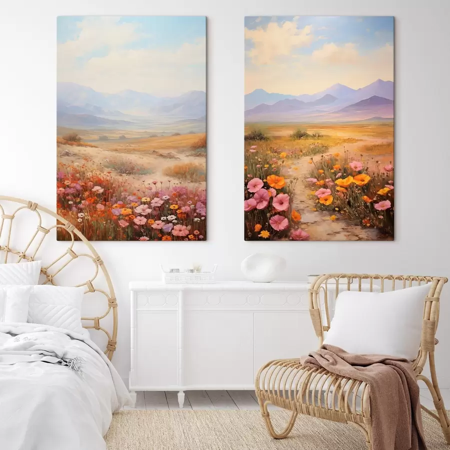 fotótapéta Tájkép, színes virágokkal teli mező, háttérben hegyekkel, lágy, pasztell színekkel m01003