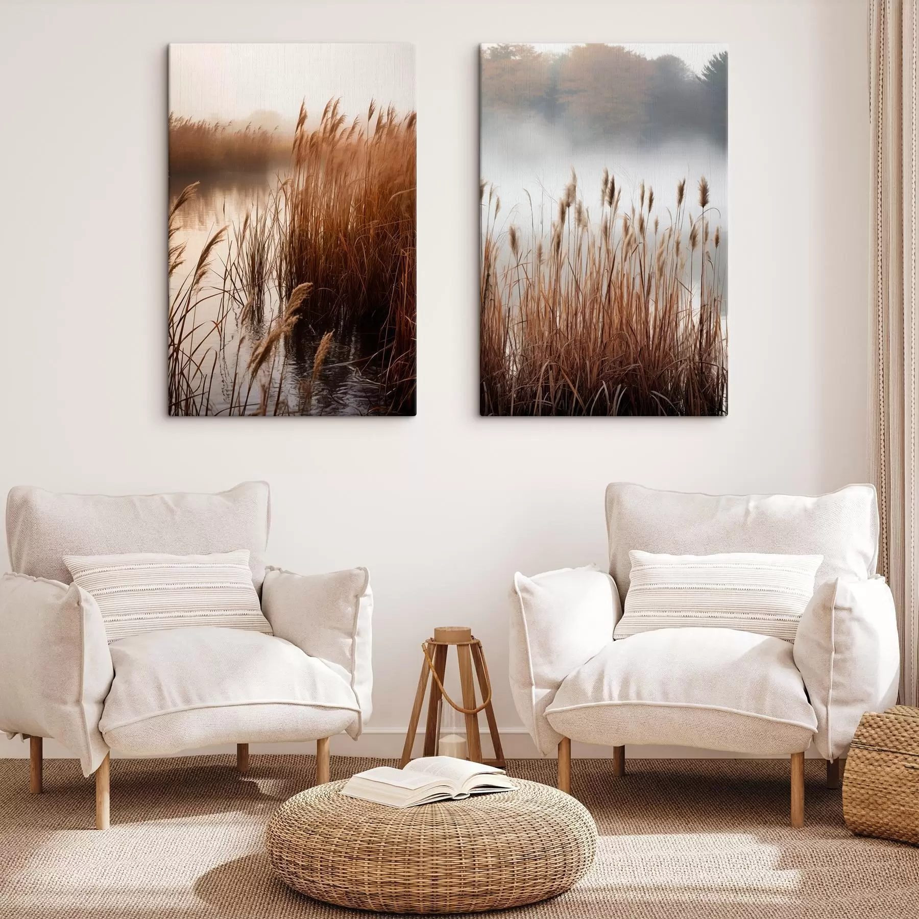 fotótapéta Magas nádasok nőnek egy víztestben, a víz tükrözi a nádasokat, ködös háttér, lágy fény, természeti táj m01008