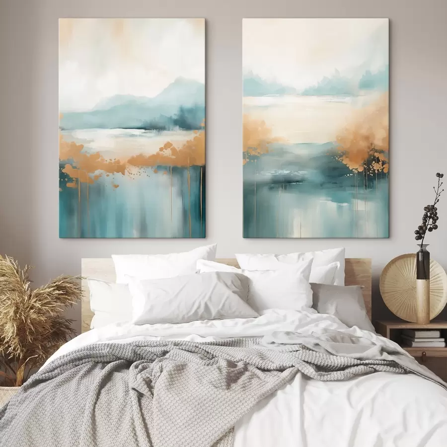 fotótapéta Absztrakt táj hegyekkel és tóval, türkizkék és texturált sárga színekkel, lágy ecsetvonásokkal, minimalista műalkotás m01012