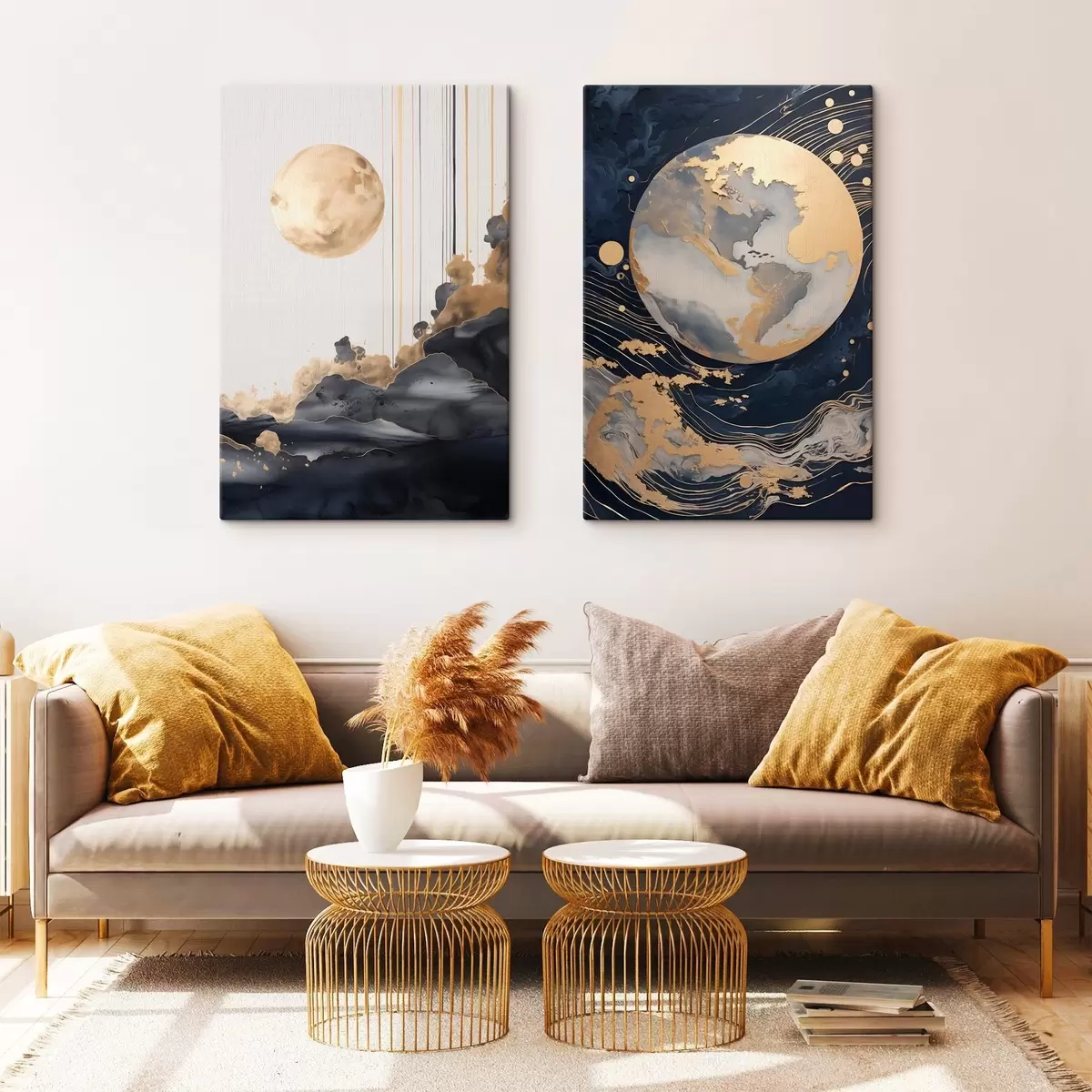 fotótapéta Texturált dekoratív bolygó az űrben sárga vonalakkal és pontokkal, absztrakt stílusban, minimalista és modern m01014