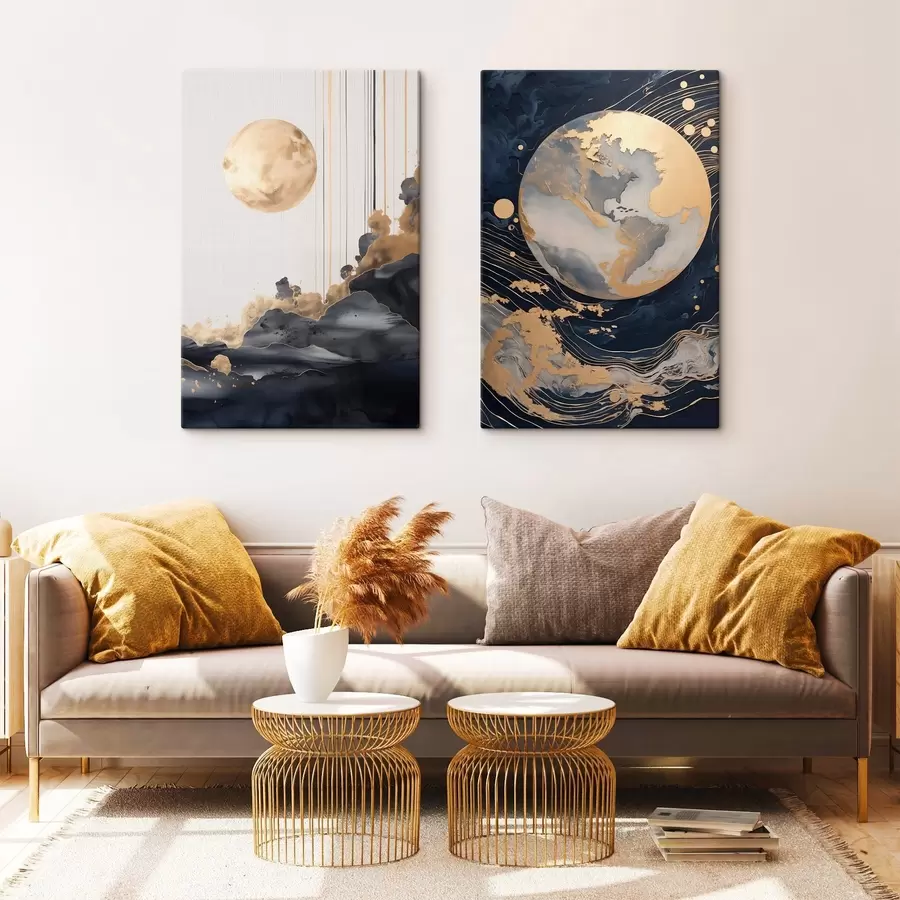 fotótapéta Texturált dekoratív bolygó az űrben sárga vonalakkal és pontokkal, absztrakt stílusban, minimalista és modern m01014