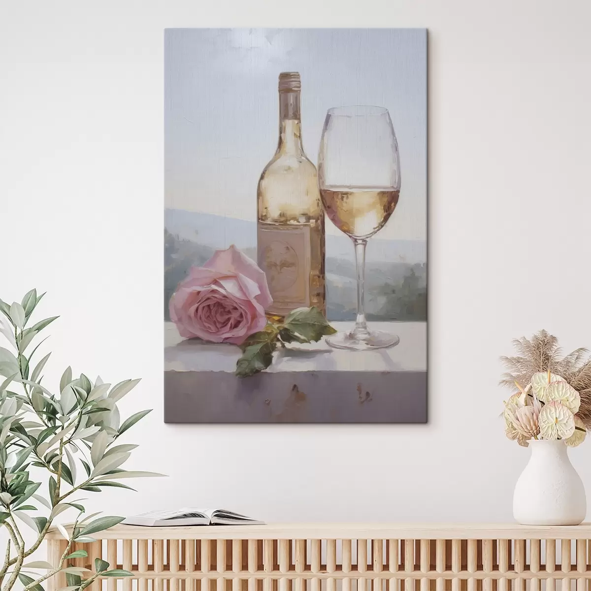 fotótapéta Egy üveg és egy pohár bor, valamint egy szemüveges kiskutya, festmény utánzat s46721