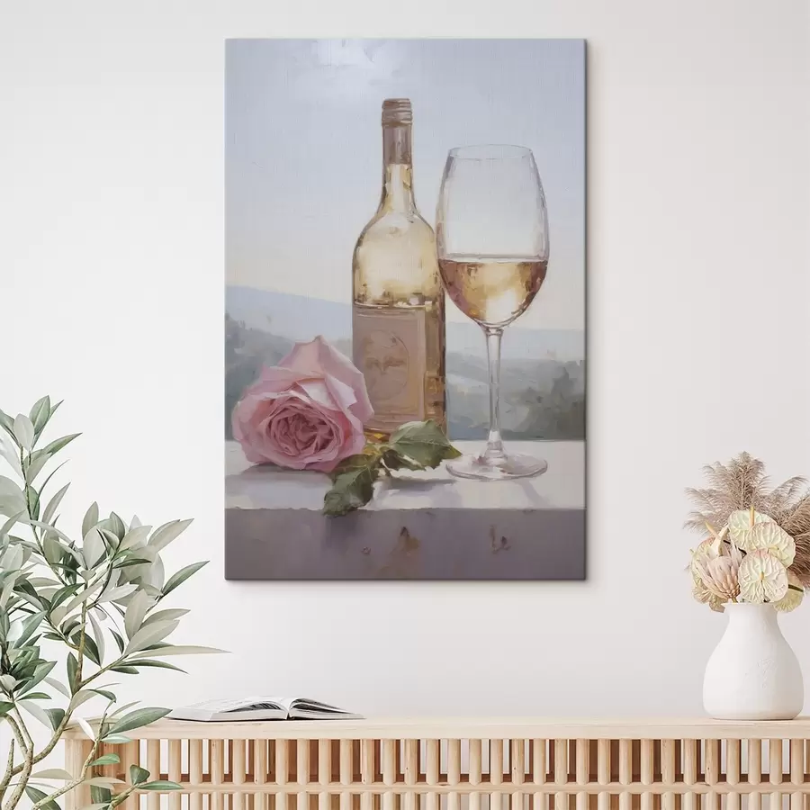fotótapéta Egy üveg és egy pohár bor, valamint egy szemüveges kiskutya, festmény utánzat s46721