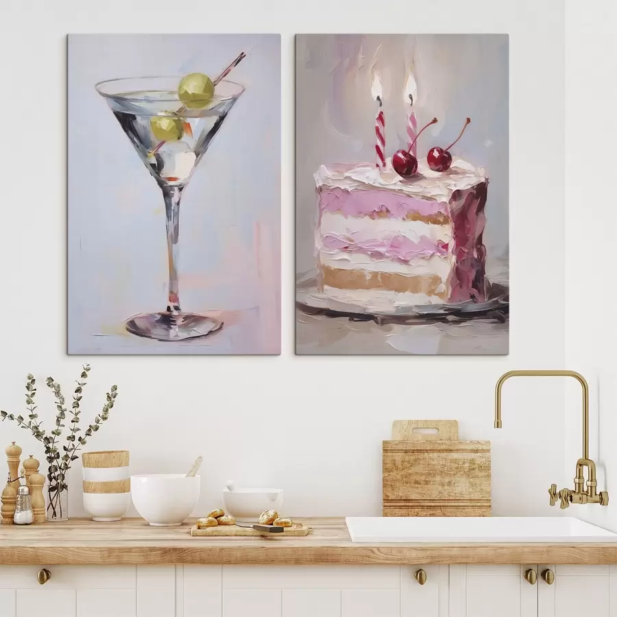 fotótapéta Egy pohár ital és egy darab torta utánzat festmény m01019