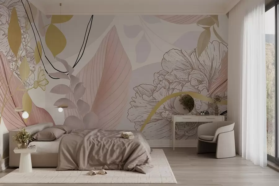 fotószőnyeg Absztrakt virágmintás nyomtatás, nagy levelekkel, halvány rózsaszín és sárga árnyalatokban, vékony fekete vonalakkal és fehér virágkontúrokkal. w09544v1