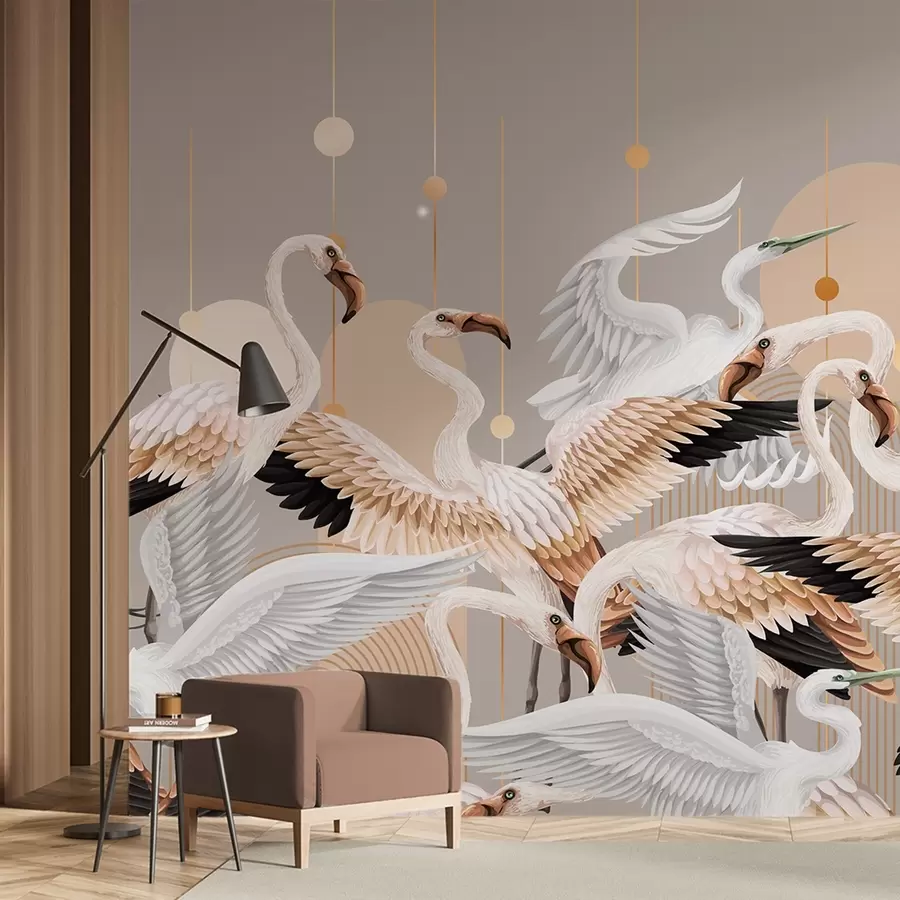 fotószőnyeg Finom szárnyú fehér flamingók raj, semleges háttér előtt, sárga vonalakkal és körökkel w09546v1