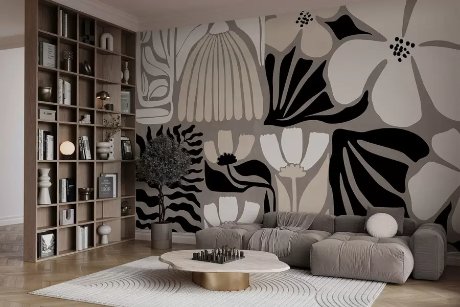 fotószőnyeg Modern, minimalista stílusú virágok és levelek bézs, fekete és fehér színben, szürke háttérrel w09547