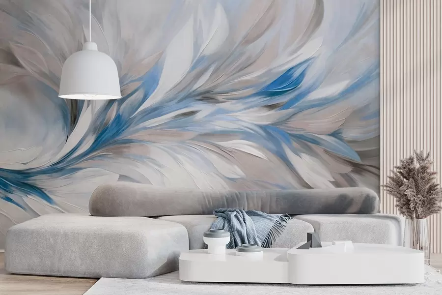 fotószőnyeg Absztrakt festészeti stílus fehér, kék és szürke texturált ecsetvonásokkal, puha, világos háttérrel w09552v1