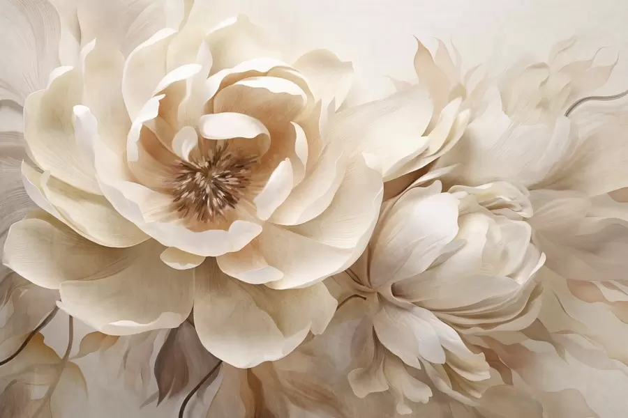 fotószőnyeg Krémes textúrájú pünkösdi rózsák barna közepekkel és levelekkel, homályos, világos absztrakt háttér előtt w09554