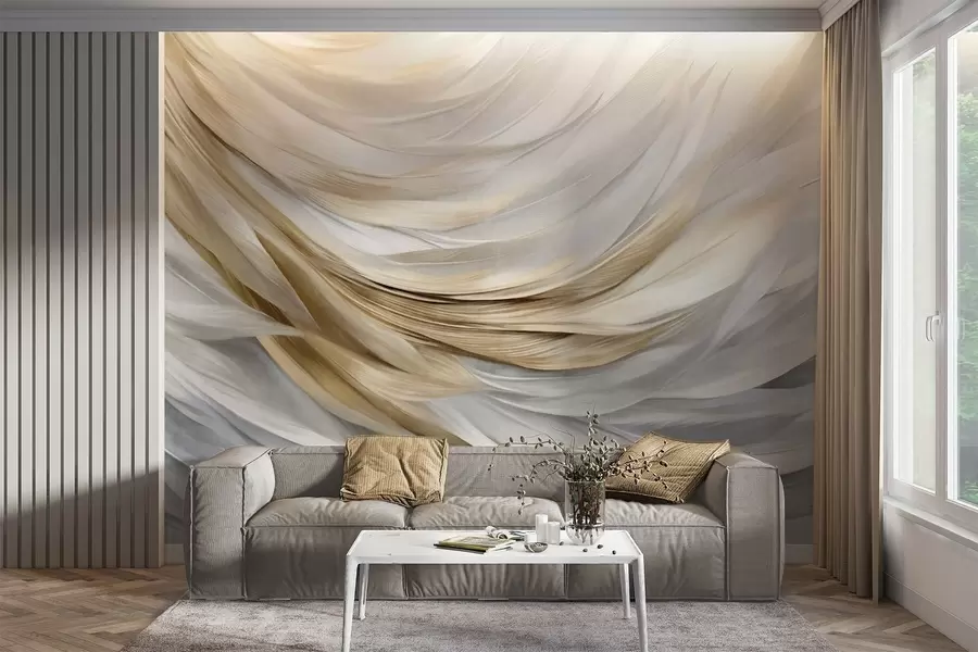 fotószőnyeg Absztrakt textúrájú fehér, szürke és sárga tollak, amelyek könnyű háttér előtt áramló, réteges mintát alkotnak w09557