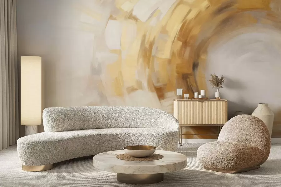 fotószőnyeg Absztrakt festmény utánzat, sárga és fehér színű, kör alakú textúrájú ecsetvonásokkal, mozgásérzetet keltve w09558