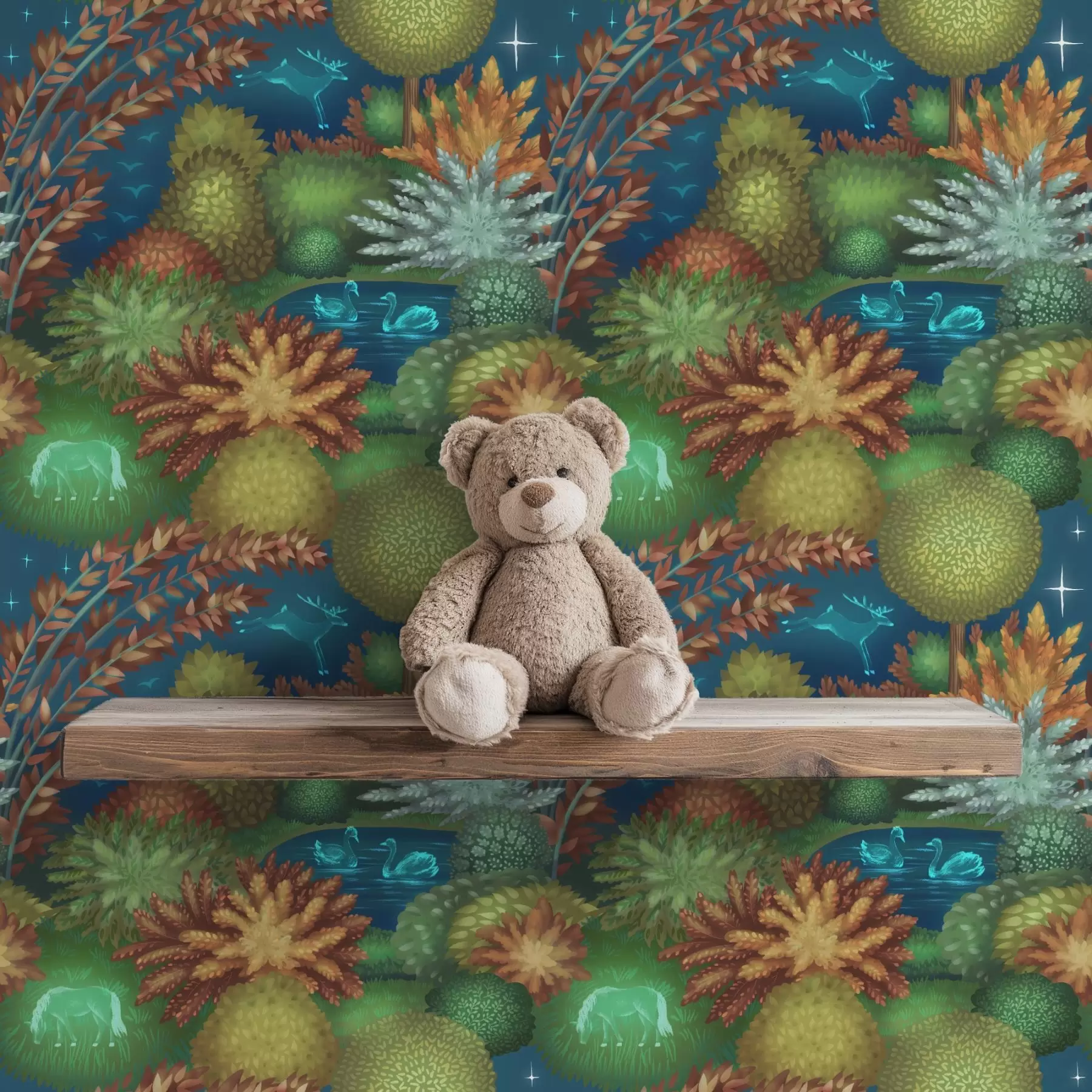 fotószőnyeg Mesebeli éjszakai kert tóval és fénylő állatokkal a00851