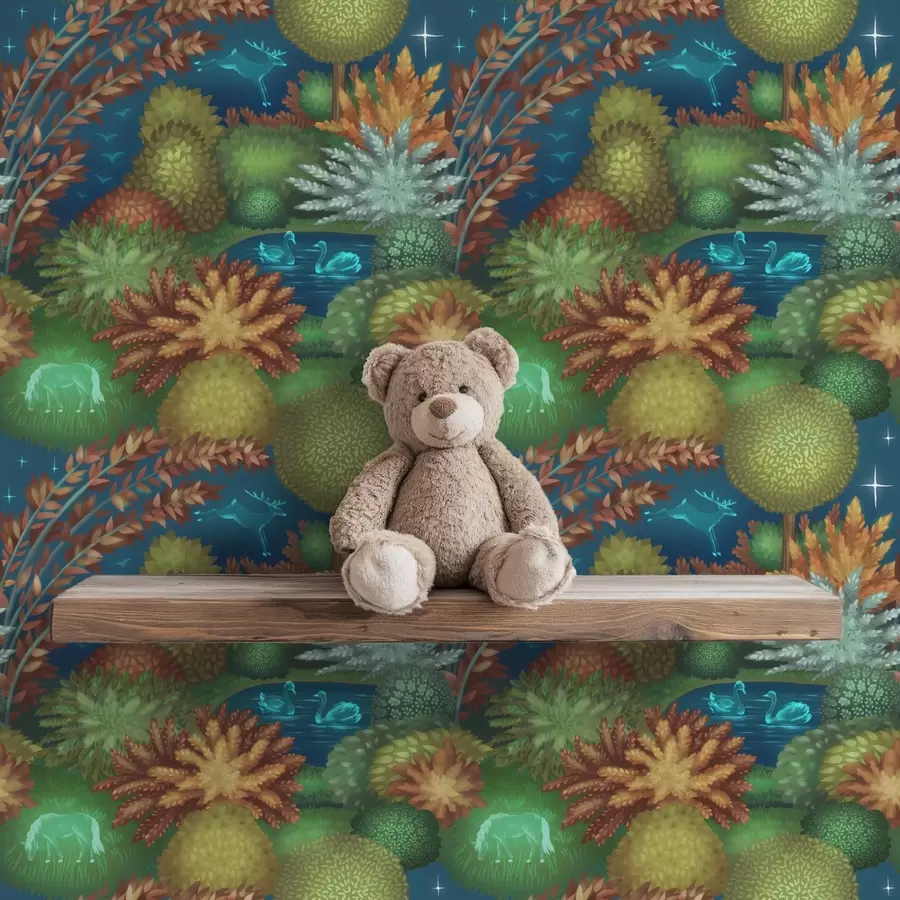 fotószőnyeg Mesebeli éjszakai kert tóval és fénylő állatokkal a00851