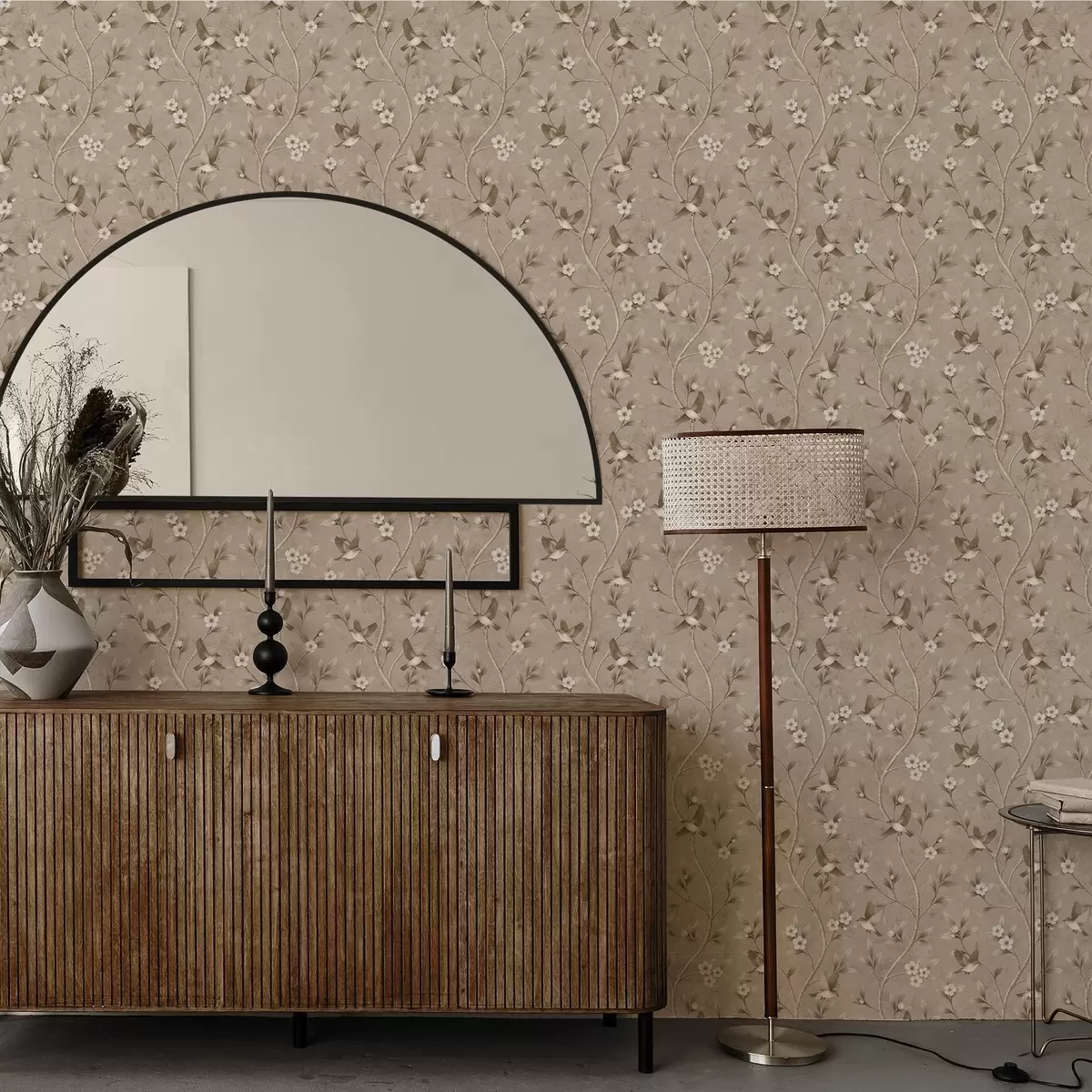 Háttérkép Madarak és virágzó ágak meleg sépia tónusokban a00882