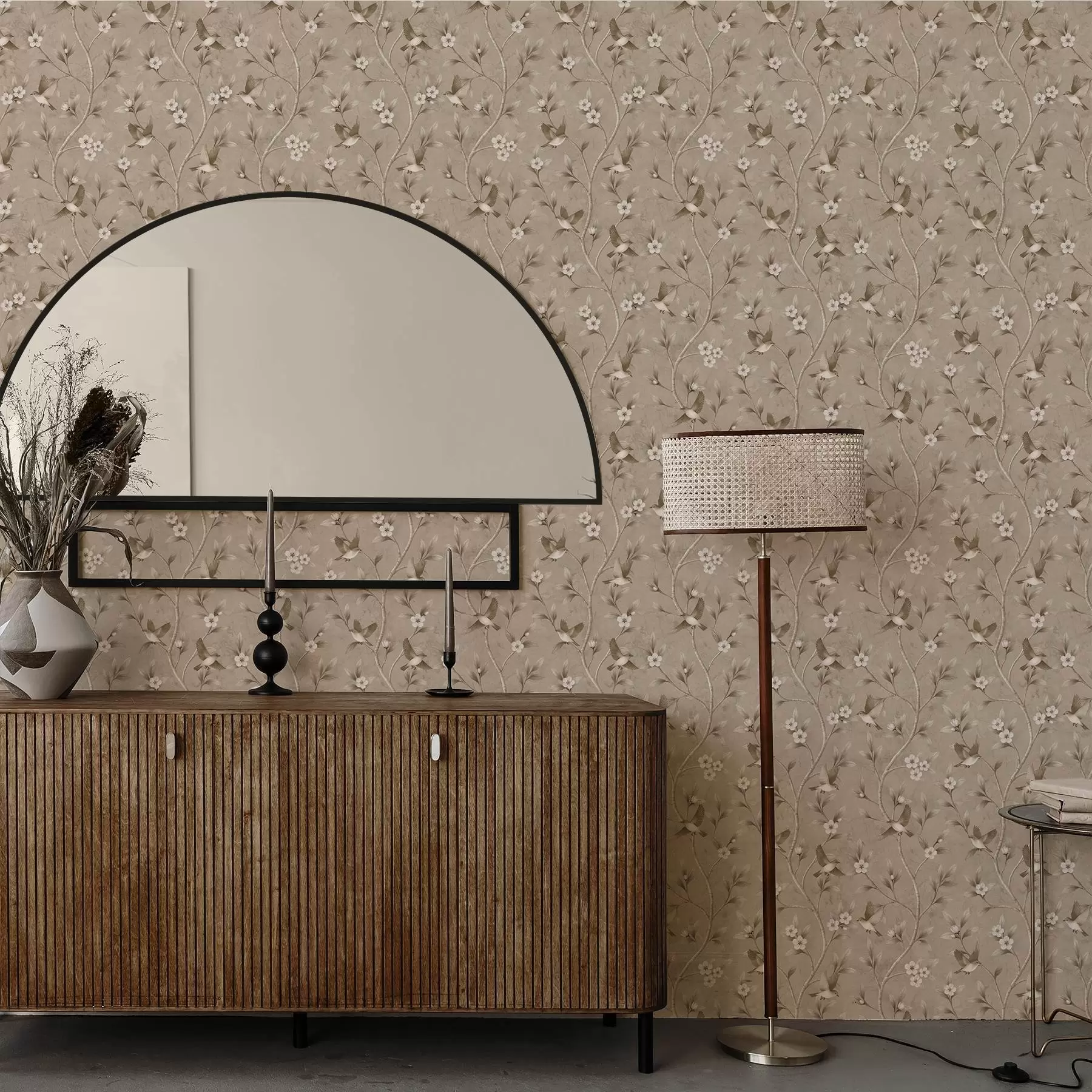 fotószőnyeg Madarak és virágzó ágak meleg sépia tónusokban a00882