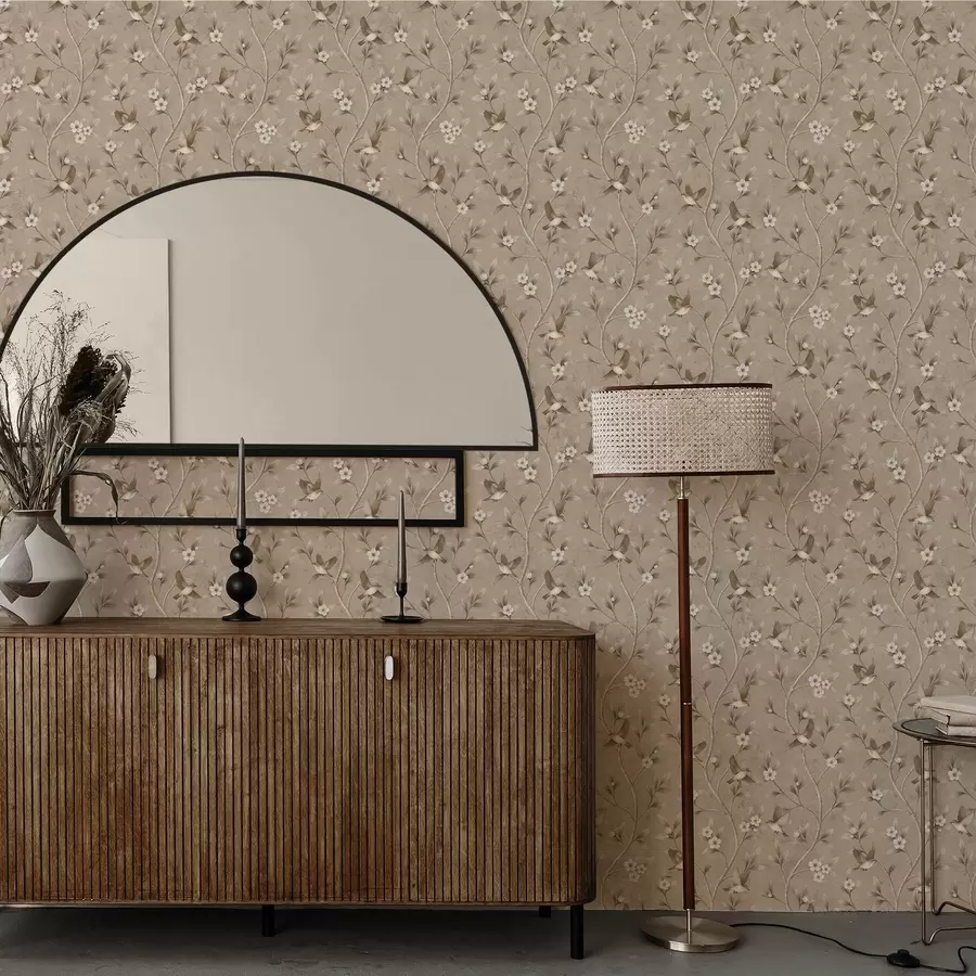 fotószőnyeg Madarak és virágzó ágak meleg sépia tónusokban a00882