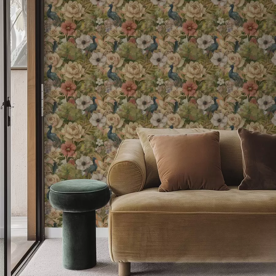 fotószőnyeg Festői kert pávákkal és nagy virágokkal a00885