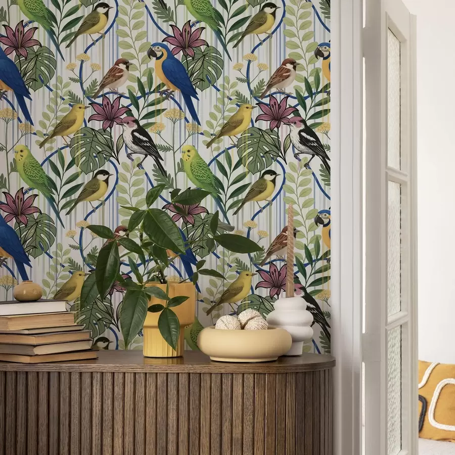 fotószőnyeg Fényes egzotikus madarak trópusi növényzet között a00887