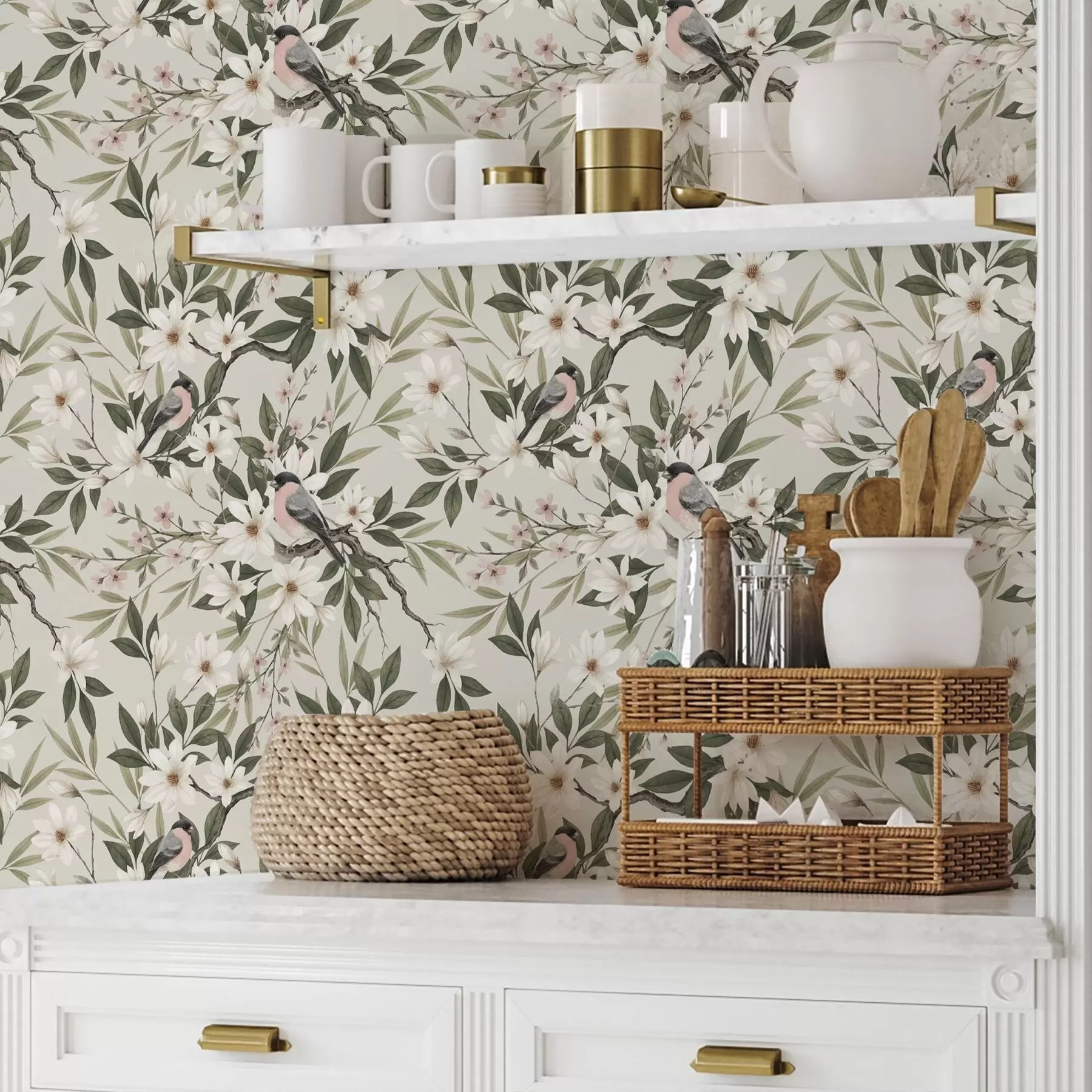 fotószőnyeg Fehér mellű bullfinchok krémes virágokkal borított ágakon a00889