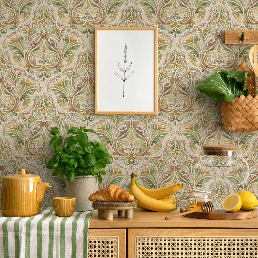 fotószőnyeg Vízfestékkel festett leveles örvények zöld és meleg okker árnyalatokban a00927