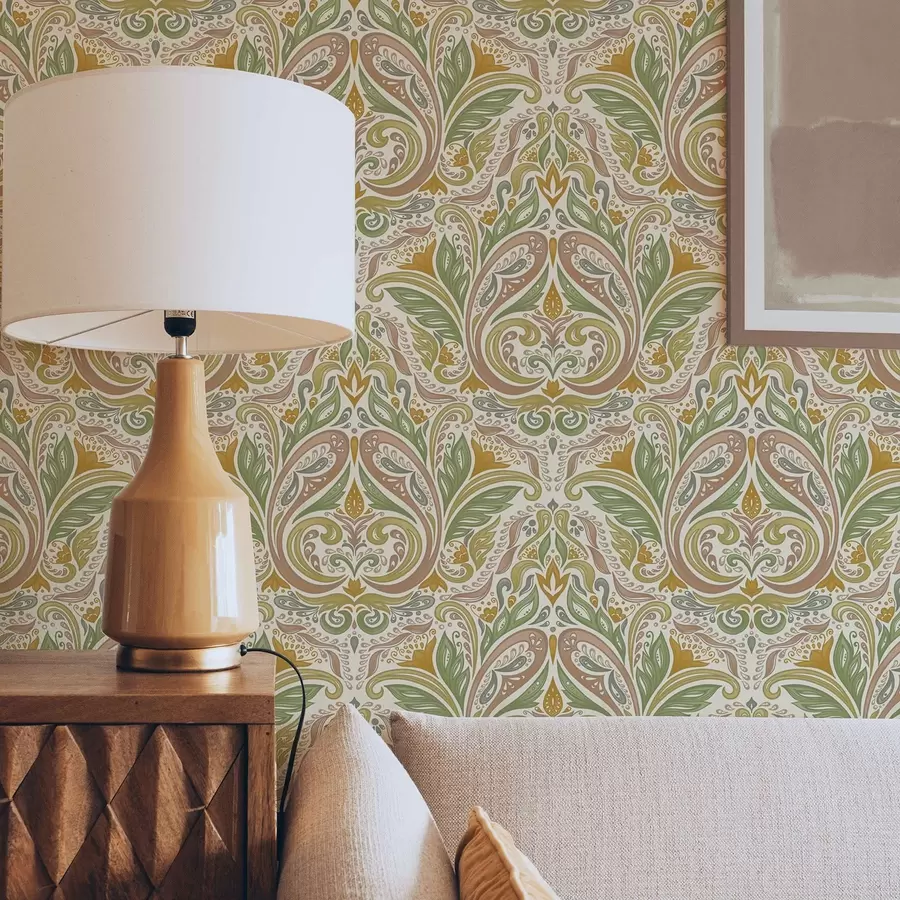 fotószőnyeg Zöld és terrakotta árnyalatú díszes leveles örvények a00927v1