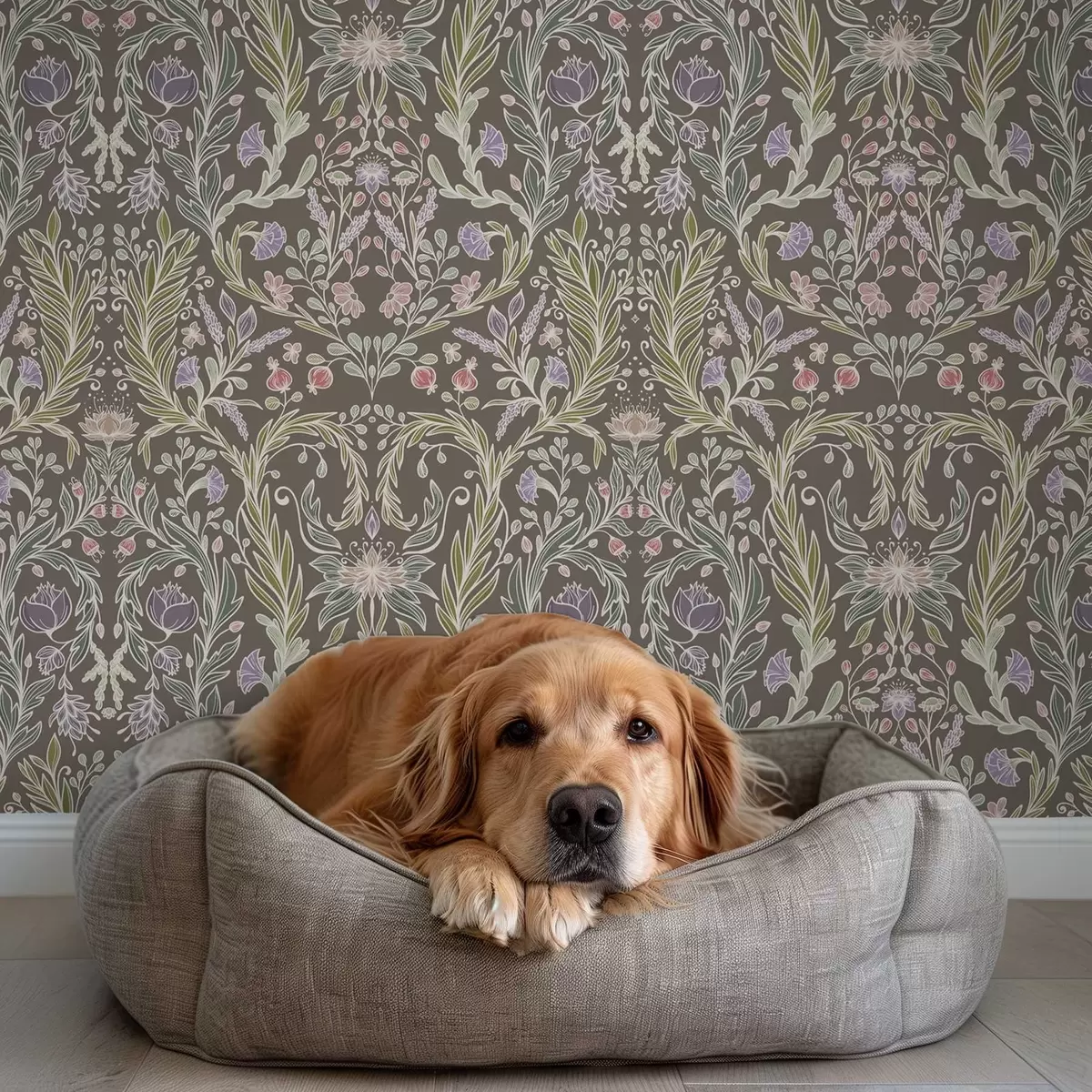 Háttérkép Szimmetrikus virágok és levelek barnás-szürke háttér előtt a00928v2